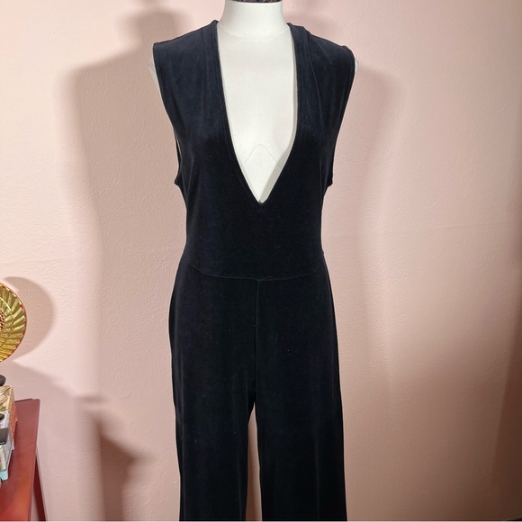 Vintage Pants - Vintage 1990’s  Retro Tapemeasure Sleeveless Wide leg Black Velour Jumpsuit